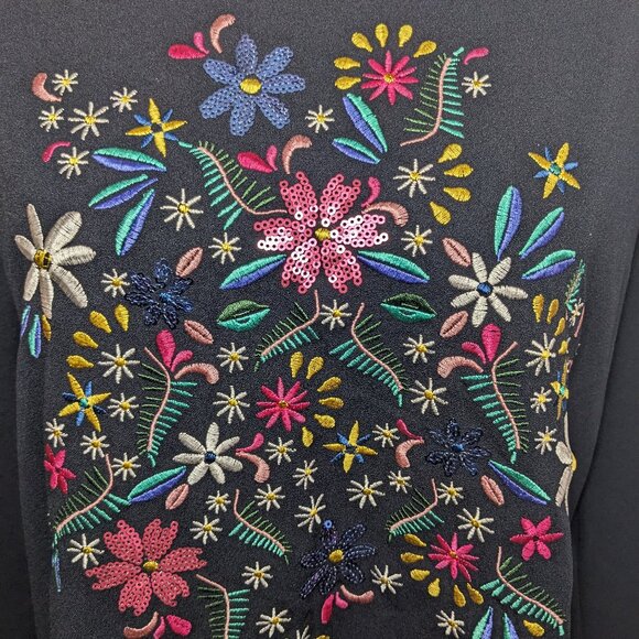 Zara Woman Basic Black Long Sleeve Embroidered Floral Shift Dress Ruffle Hem S - Picture 4 of 10